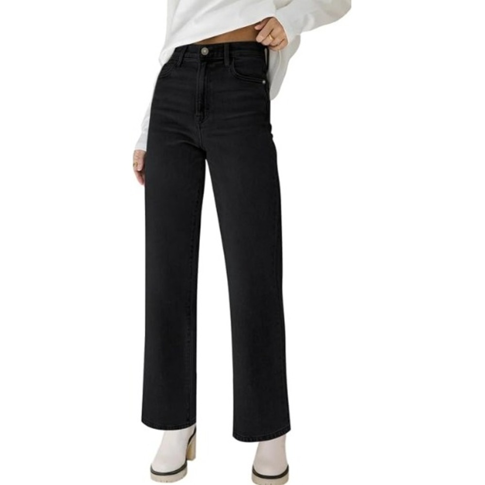 KDF Jeans Black Stretchy Denim Wide Leg Raw Hem Minimalist Cropped Fall US 6